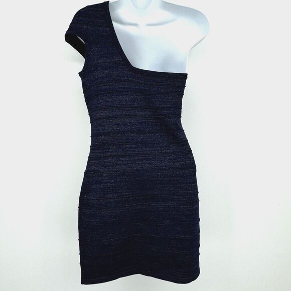 Foreign Exchange One Shoulder Bandage Mini Dress Womens M Navy Shimmer Bodycon - Picture 2 of 10